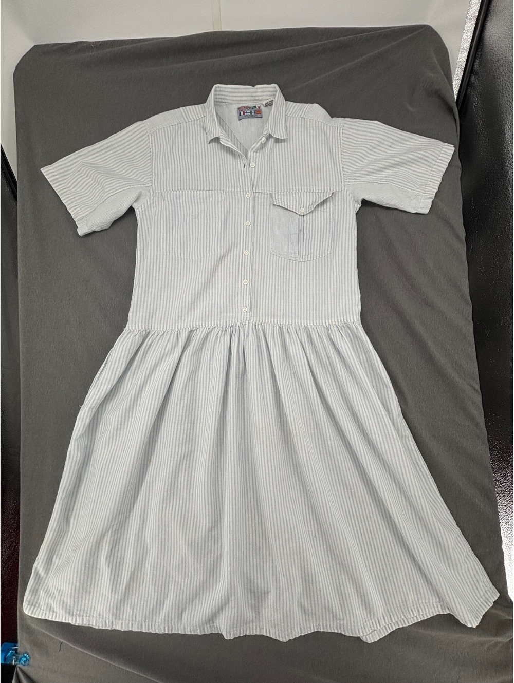 Vintage Paris Sport Club Blue White Striped Shirt Dress Women’s M Seersucker